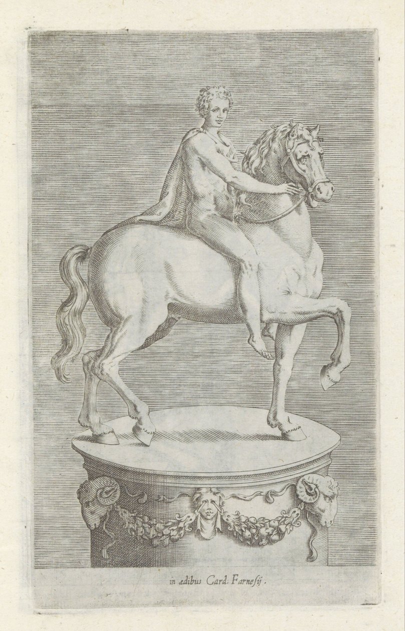 Sculptuur van een naakte jongen op een paard Antik szobrok Rómában (sorozat címe) Róma városának nyilvános helyeken látható ősi szobrainak ikonjai (sorozat címe) alkotó: Anonymous