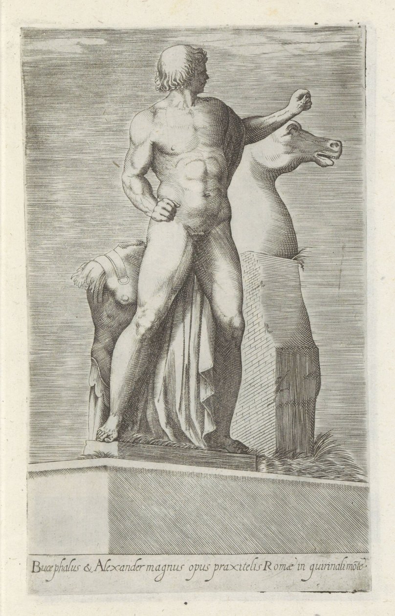 Sculptuur van een van de Dioscuren a Quirinaal te Rómában Bucephalus és Alexander nagy alkotás (...) (cím a tárgyon) Antik szobrok Rómában (sorozat címe) Róma városának nyilvános helyeken látható ősi szobrainak ikonjai (sorozat címe) alkotó: Anonymous