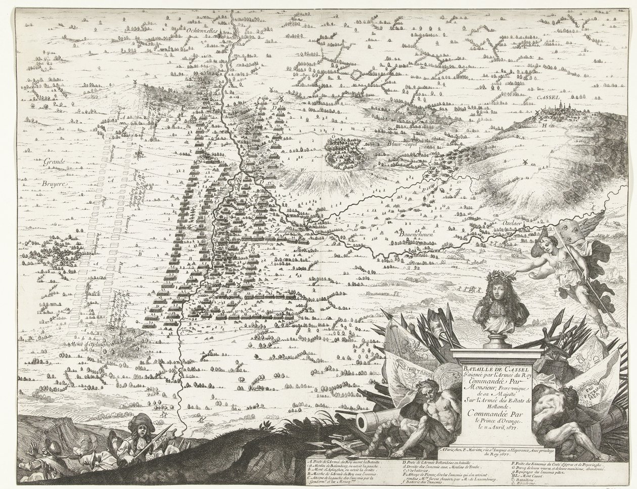 Salak Kasselben, 1677 Casseli csata, amelyet a király hadserege nyert, amelyet Őfelsége egyetlen testvére vezényelt a holland birtokok hadseregén, 1677. április 11-én az Orange hercege által (cím a tárgyon) alkotó: Anonymous