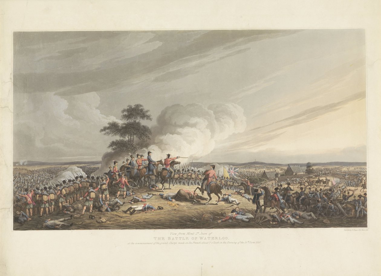 Salak Waterlooban, 1815 Kilátás a Mont St. Jean-ról a Waterloo-i csatára, a franciák elleni nagy roham kezdetén, 1815. június 18-án este 7 óra körül (cím a tárgyon) alkotó: Anonymous