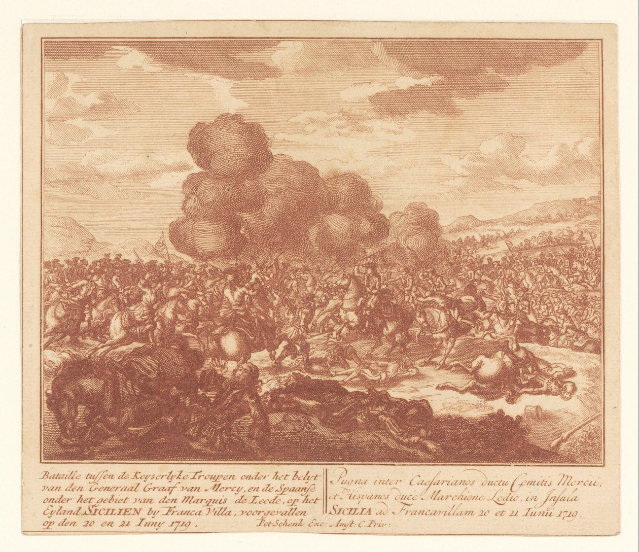Csata a császári csapatok és a spanyolok között Szicíliában, 1719 júniusában Bataille a Graaf van Mercy tábornok irányítása alatt álló Keyserlijke Troupen és a de Leede márki irányítása alatt álló spanyolok között (...) (cím a tárgyon) alkotó: Anonymous