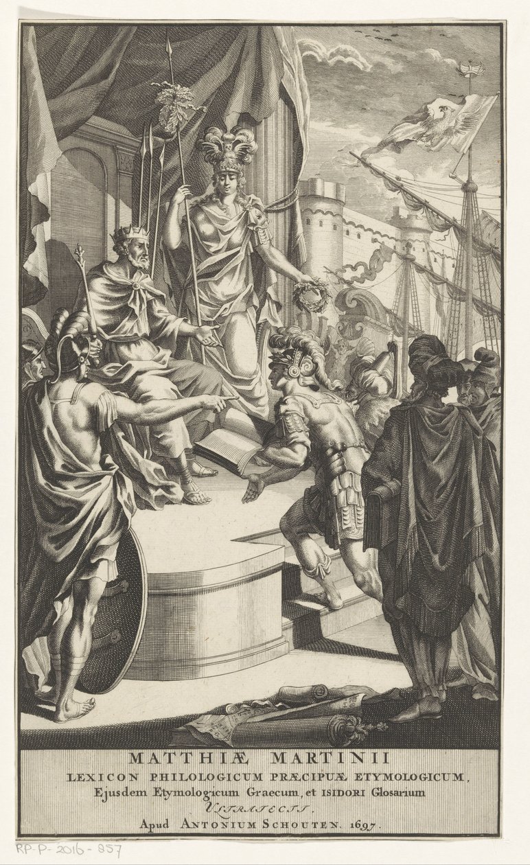 Katona könyvet ajándékoz a királynak Címlap ehhez: Matthias Martinius, Lexicon philologicum praecipuae etymologicum, 1697 alkotó: Anonymous