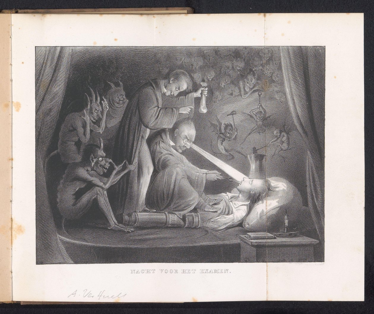 Rajzfilm Leideni diákalmanachban, 1844 A vizsga előtti éjszaka (cím a tárgyon) alkotó: Anonymous