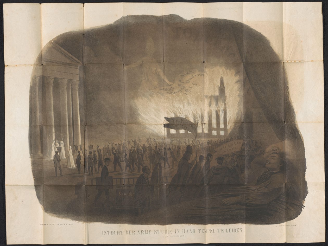 Rajzfilm Leideni diákalmanachban, 1866 Ingyenes belépés a leideni templomába (álombeli látvány) (cím a tárgyon) alkotó: Anonymous
