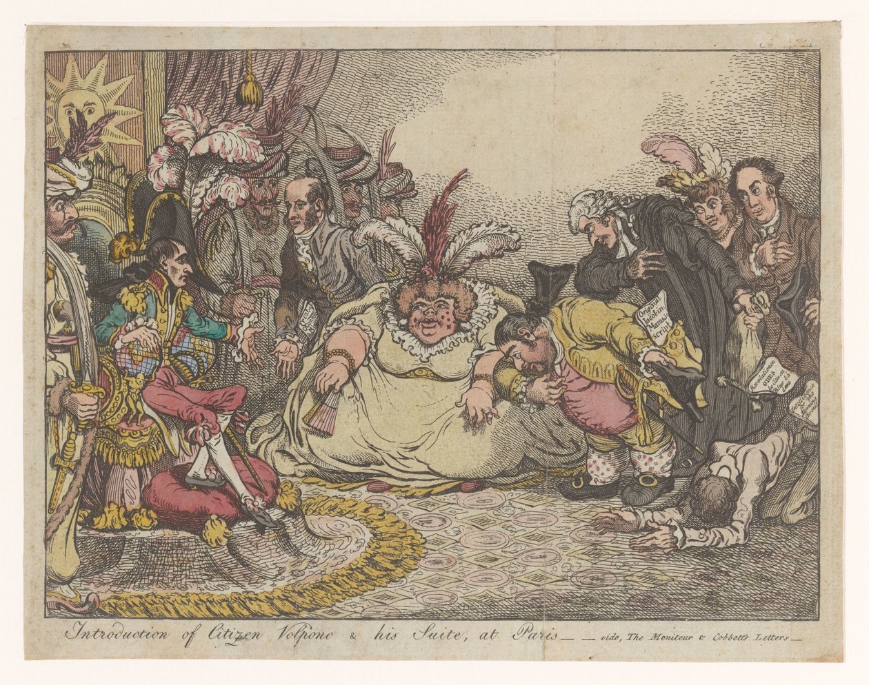 Spotprent találkozott Napoleonnal és Fox-szal, 1802 Volpone polgár és lakosztálya bemutatkozása Párizsban - vide, A Moniteu és Cobbett levelei (cím a tárgyon) alkotó: Anonymous