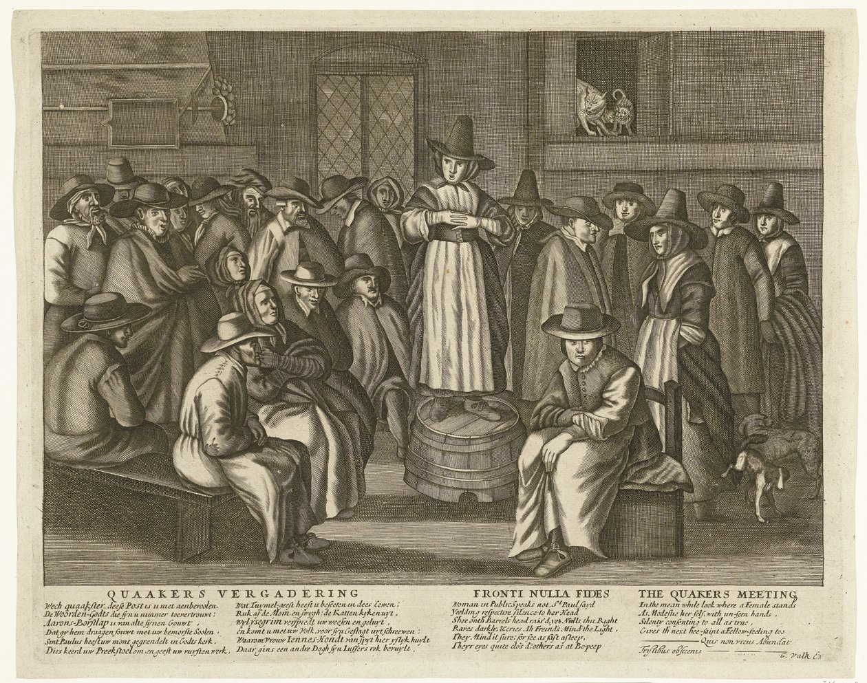 Karikatúra az angol kvékerekről, 1656 körül Quaaker Meeting / Fronti Nulla Fides / The Quakers Meeting (cím az objektumon) alkotó: Anonymous