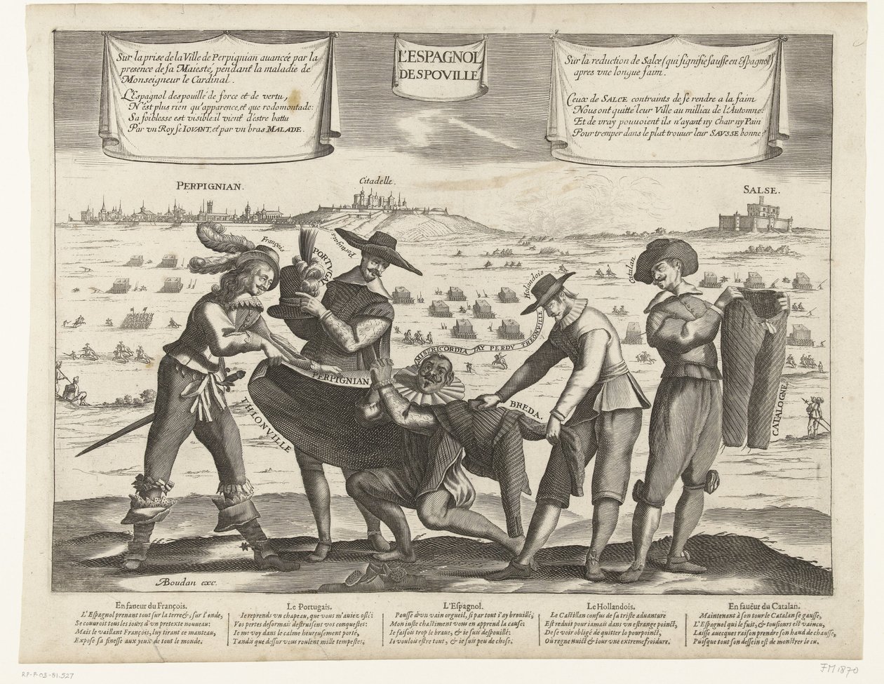 Karikatúra a spanyolokról Breda, Thionville, Perpignan, Portugália és Katalónia elvesztése után, 1643 L