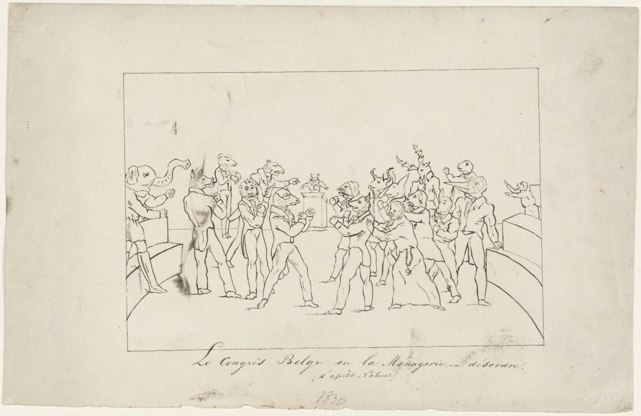 Karikatúra a Belga Nemzeti Kongresszusban a királyválasztással kapcsolatos viszályról, 1831 Le Congrès Belge ou la Ménagerie en désordre. (d