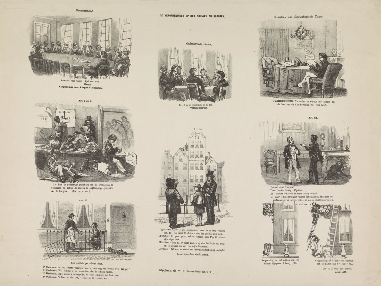 Rajzfilm egy utrechti rendeletről az építésről és a bontásról, 1857 Az építési és bontási szabályzat (tárgycím) alkotó: Anonymous