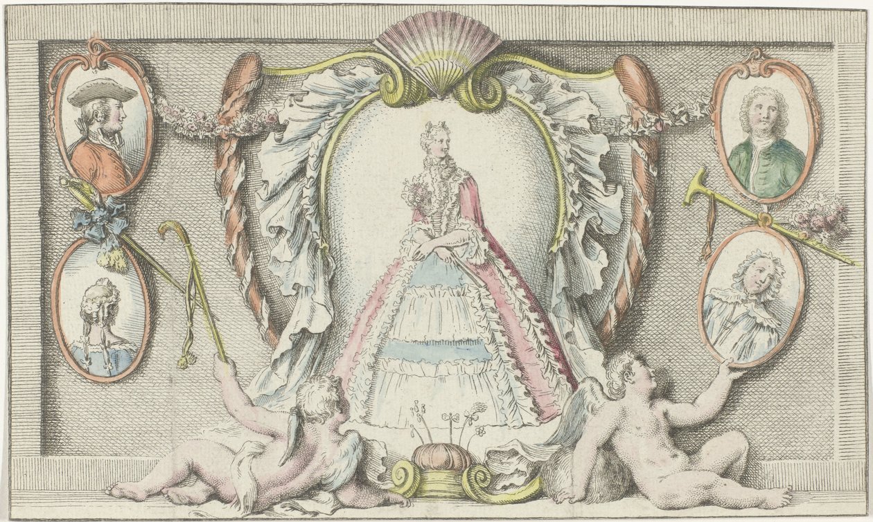 Álló nő, két putti és négy medál Divat az 1730-as években Mercure de France (sorozat címe) alkotó: Anonymous