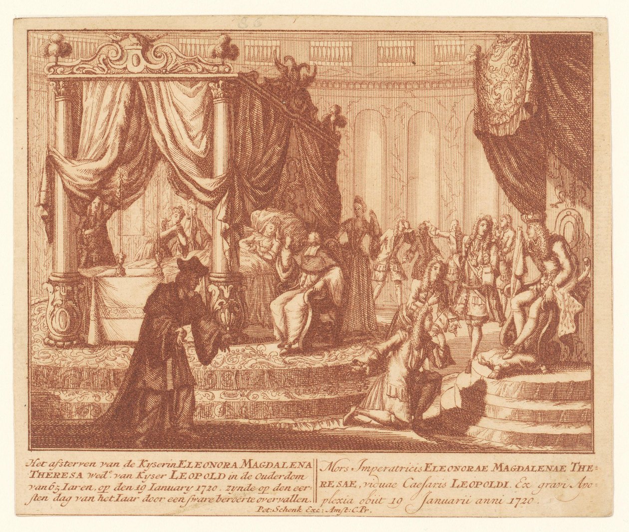 Eleanor Pfalz-Neuburg császárné halála, 1720. január 19. A Kyserin haldoklása Eleonora Magdalena Theresa Woad. Kyser Leopold 65 éves korában Iaren (...) (cím a tárgyon) alkotó: Anonymous