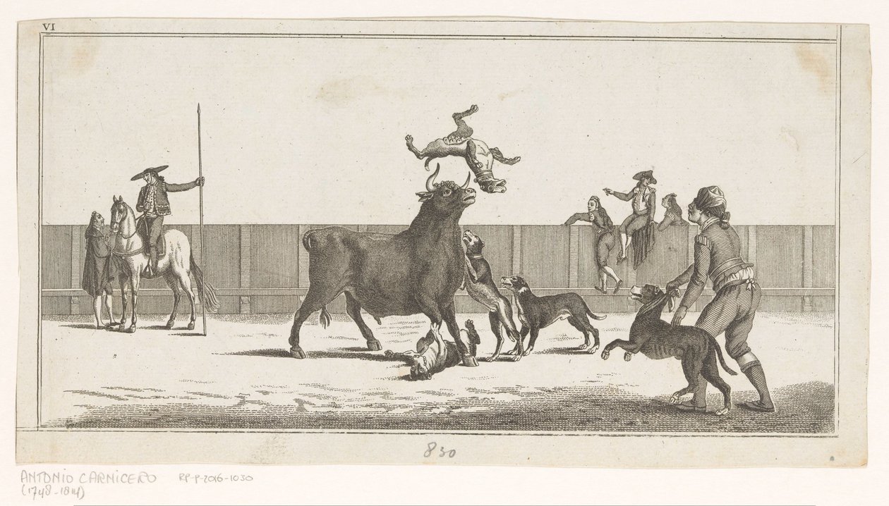 Kutyák támadták meg a bikát Coleccion de las Principles suertes de una corrida de toros (sorozat címe az objektumon) A legfontosabb bikaviadal manőverek gyűjteménye (sorozat címe) alkotó: Anonymous