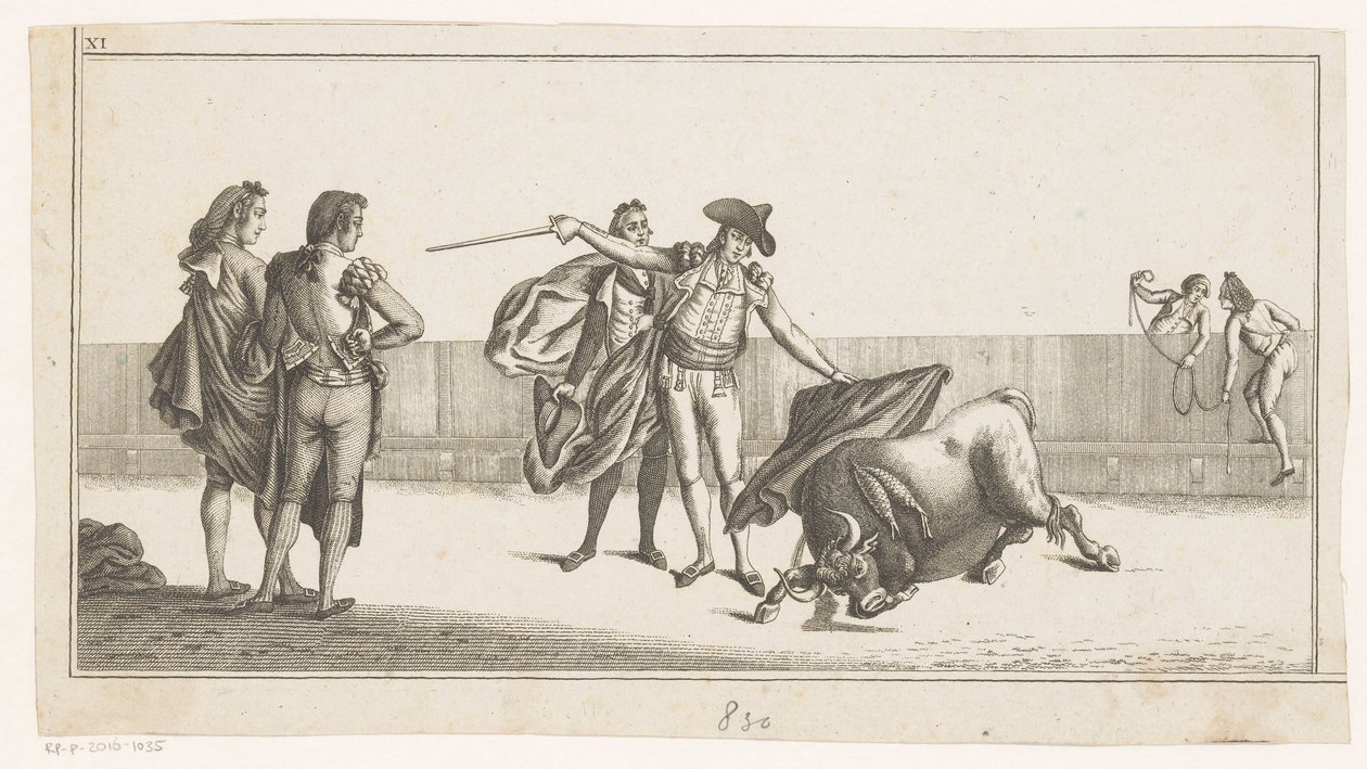 Bikát megcsípett egy matador Coleccion de las Principles suertes de una corrida de toros (sorozat címe az objektumon) A legfontosabb bikaviadal manőverek gyűjteménye (sorozat címe) alkotó: Anonymous