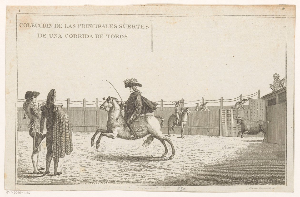 Bikaviadorok egy arénában Coleccion de las Principles suertes de una corrida de toros (sorozat címe az objektumon) A legfontosabb bikaviadal manőverek gyűjteménye (sorozat címe) alkotó: Anonymous