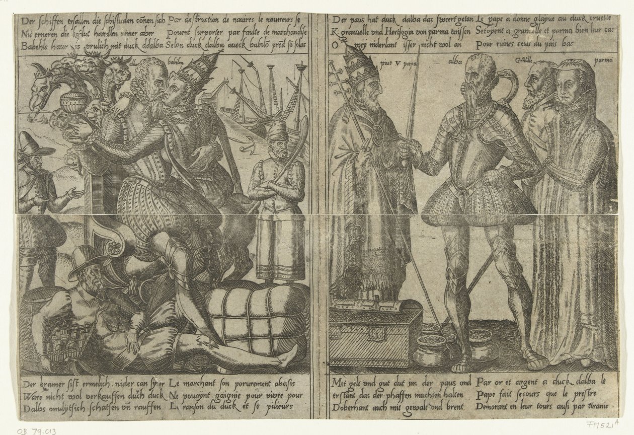 Míg Alva szeretkezik Babilon kurvájával, az ország gazdasága hanyatlik / Pármai Margit, Granvelle és a pápa támogatják Alva misszióját, 1567-1572 Alva küldetése Hollandiában és zsarnokságának következményei (másolatok), 1572 (sorozat alkotó: Anonymous