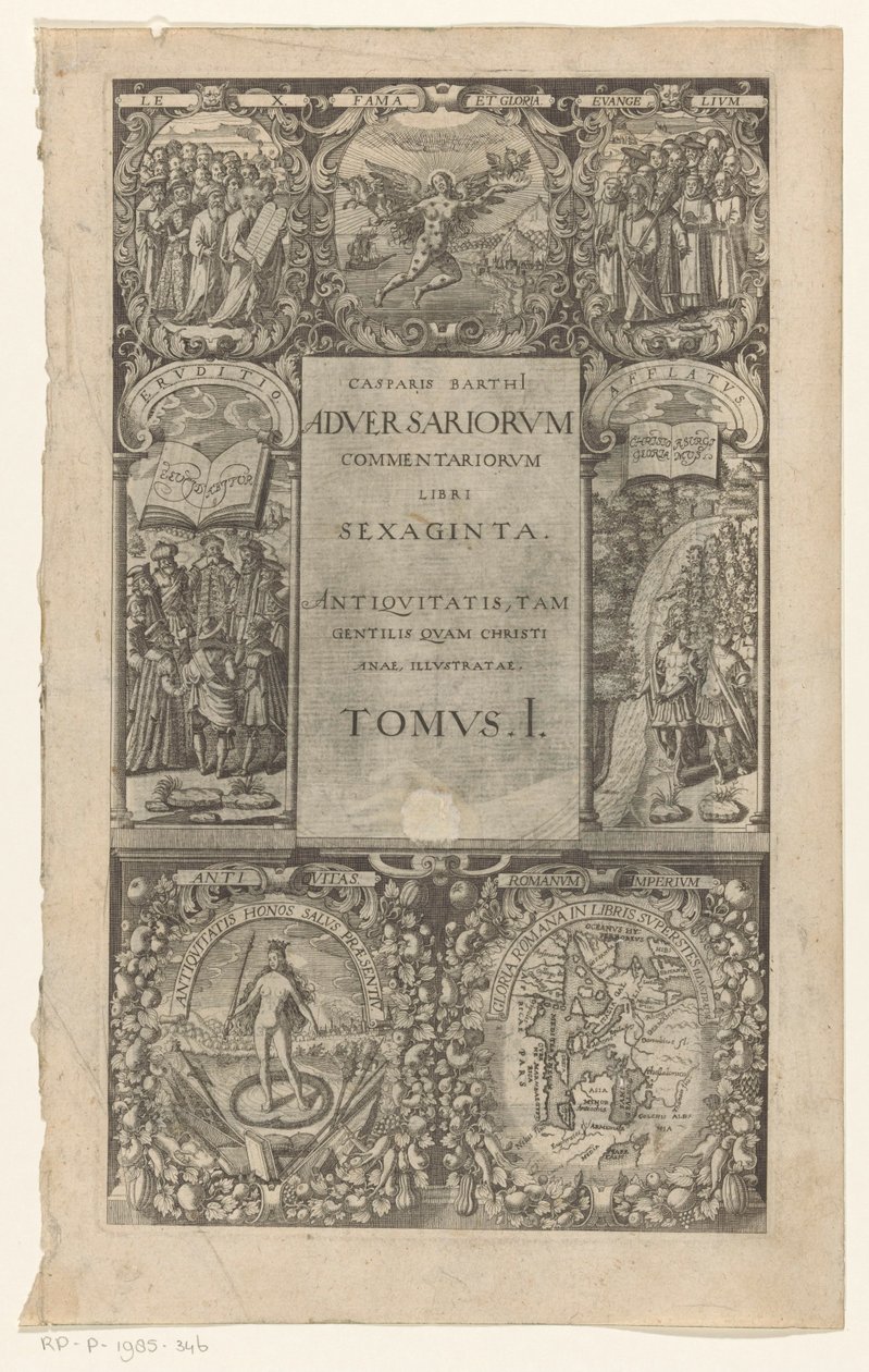 Titel találkozott rondom zeven cartouches-okkal Az ellenfelek kommentárjai, hatvan könyv, I. kötet (cím a tárgyon) Címlap: Caspar von Barth, Adversariorum commentariorum libri LX, 1624 alkotó: Anonymous