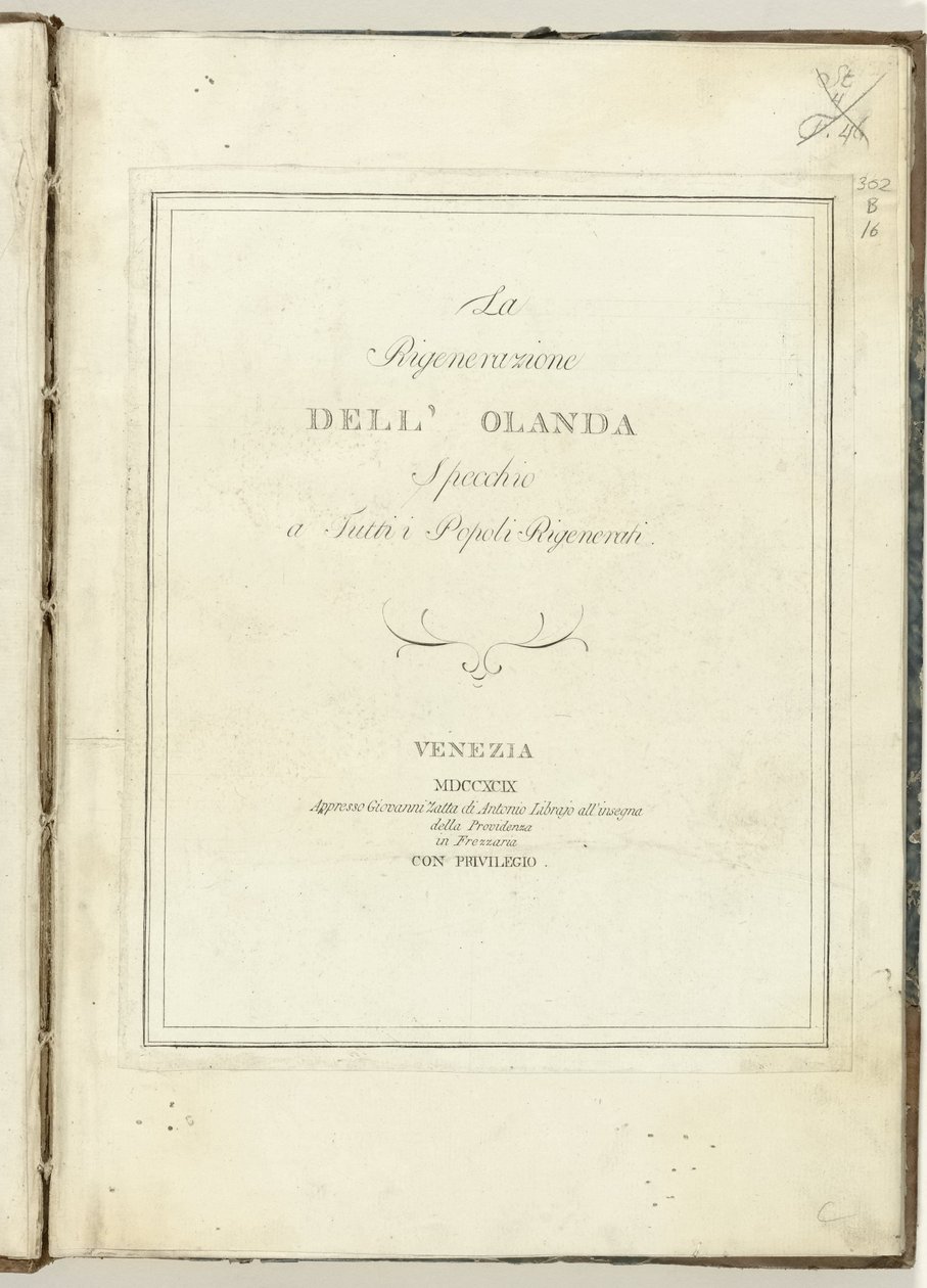 Titelpagina voor: Hollandia újjászületése, 1799 Hollandia újjászületése: tükör minden újjászületett nép számára (cím a tárgyon) Hollandia Regenerata (olasz kopie) (sorozat címe) alkotó: Anonymous
