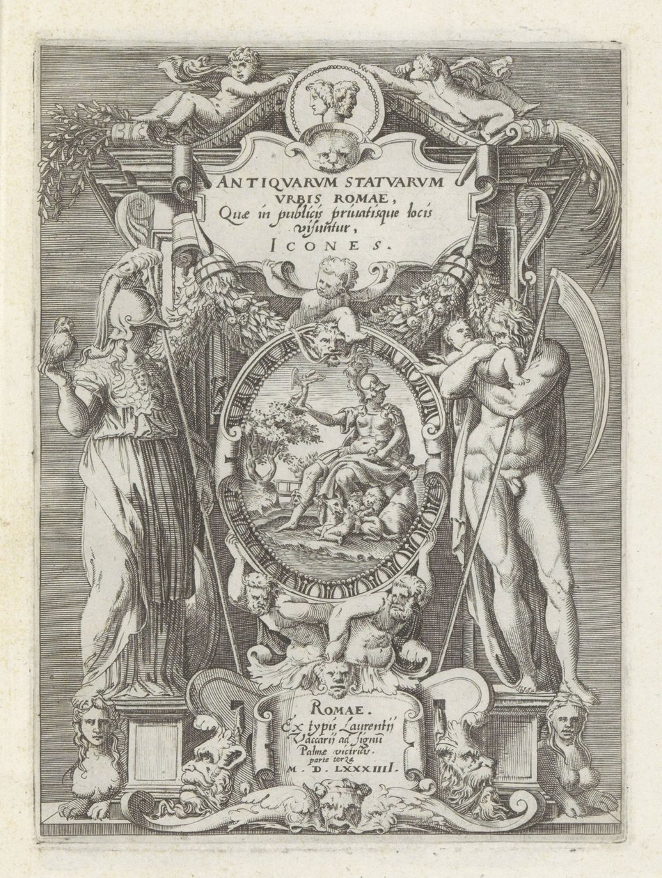 Titelprent találkozott Roma, Minerva en Saturnus Antik szobrok Rómában (sorozat címe) Róma város ókori szobrainak ikonjai, amelyek nyilvános helyeken láthatók (a sorozat címe a tárgyon) alkotó: Anonymous