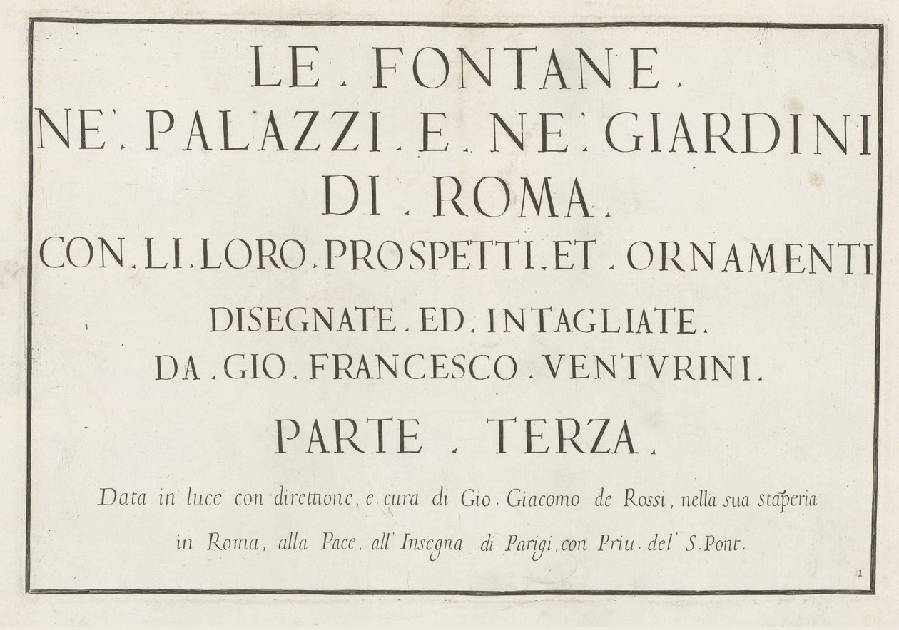 Címnyomat keretezett címmel Le fontane ne palazzi e ne giardini di Roma (sorozat címe) Szökőkutak a római palotákban és kertekben (sorozat címe) alkotó: Anonymous