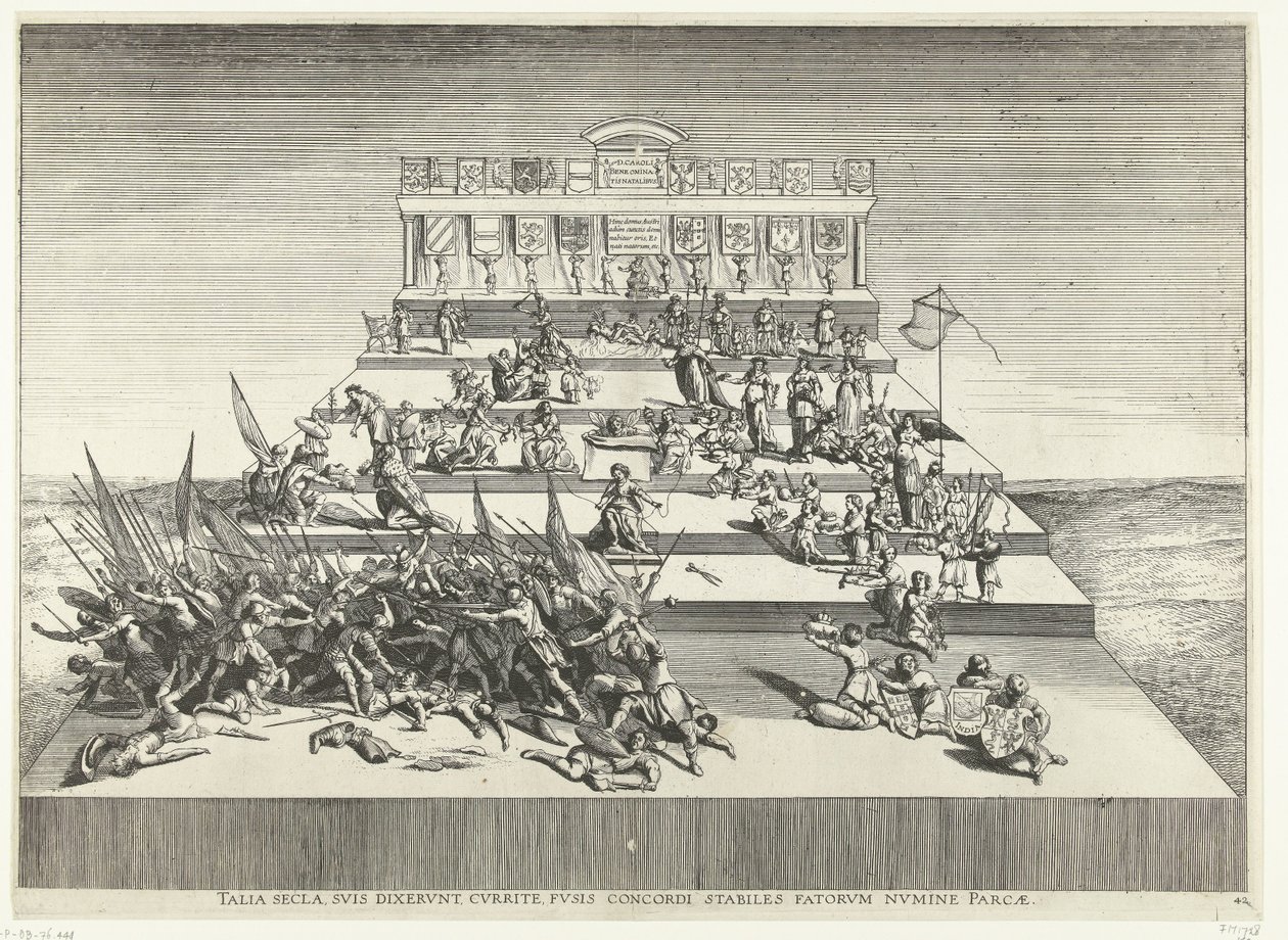 Toneelvoorstelling over oorlog en vrede; intocht van Ferdinand te Gent 1635-ben (42. sz.) Az ilyen évszázadok, mondták a magukénak, futnak, orsókkal összhangban, stabilan, a sorsistentől megkímélve (cím a tárgyon) V. Károly Genethliacon Színháza alkotó: Anonymous