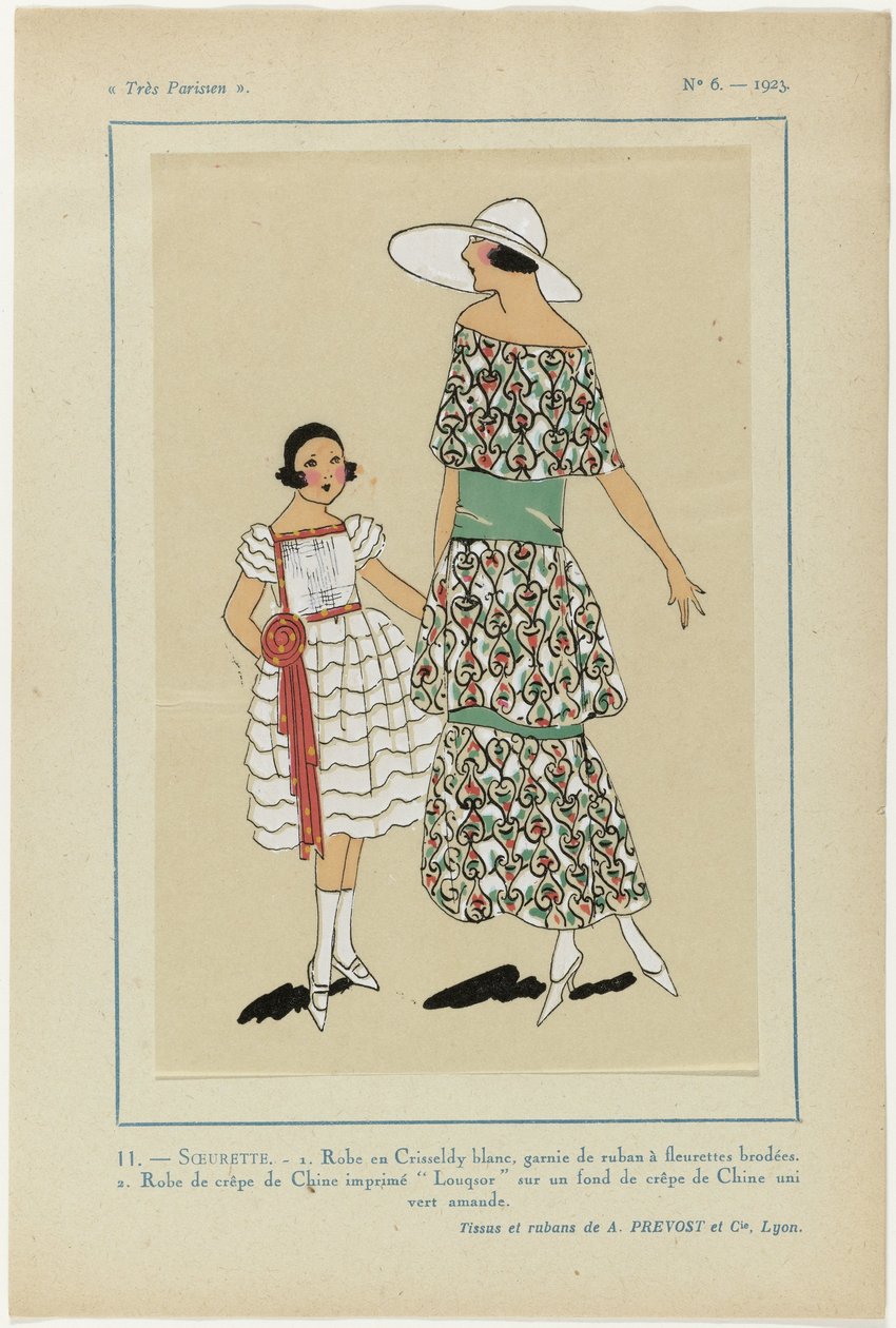 Nagyon párizsi, 1923, 6. sz.: 11.-SOEURETTE. - 1. Fehér Crisseldy ruha... alkotó: Anonymous