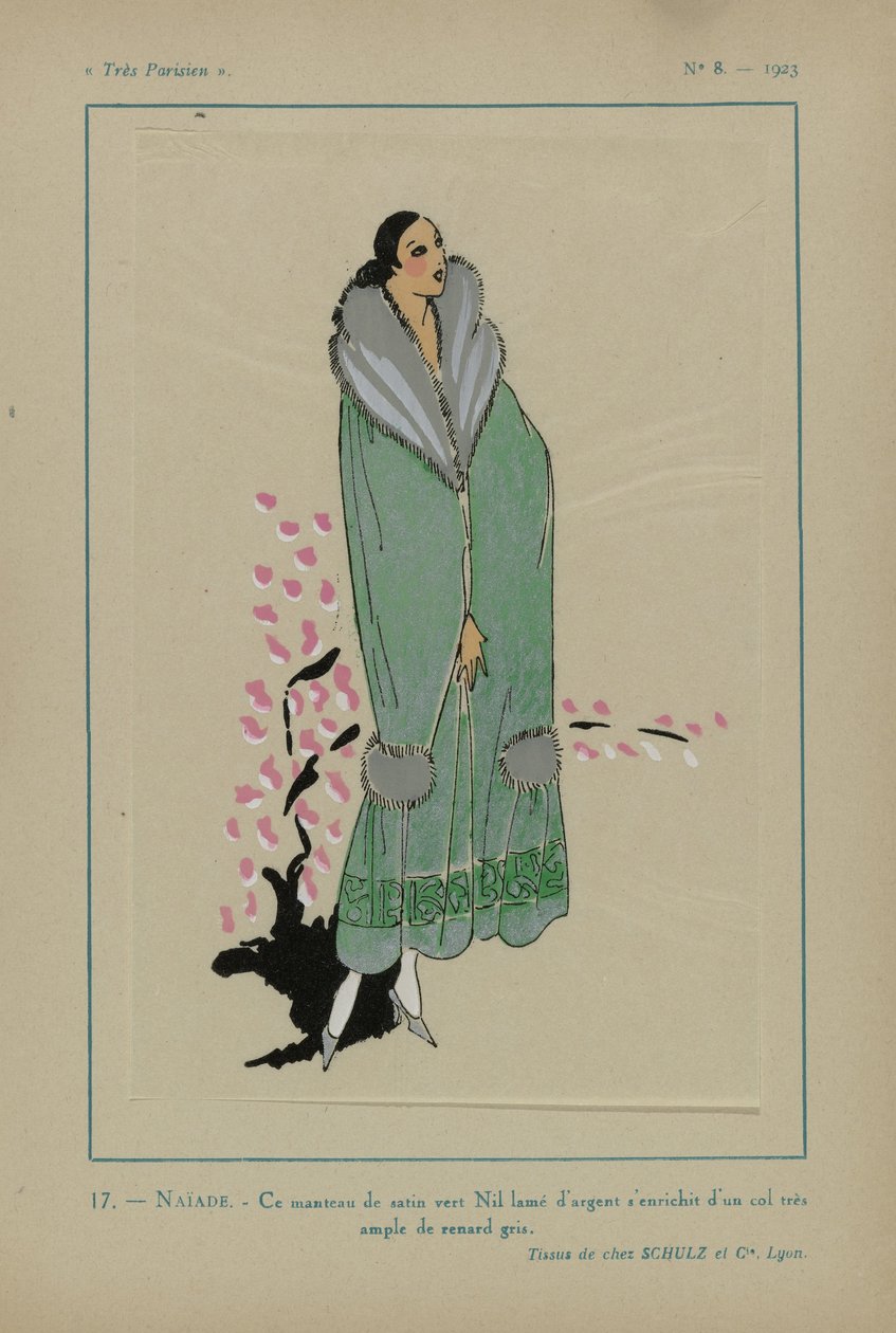 Nagyon párizsi, 1923, 8. sz.: 17.- NAÏADE. - Ez a níluszöld szatén kabát... alkotó: Anonymous