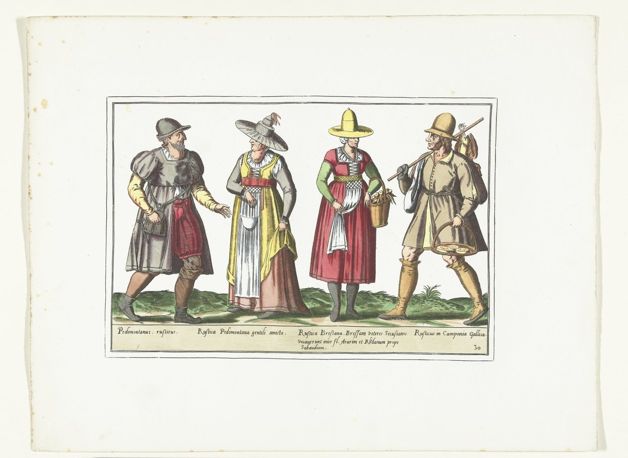 Két paraszt és két parasztasszony olasz módra öltözve, 1580 körül Costumes Italiens (cím a tárgyon) alkotó: Anonymous