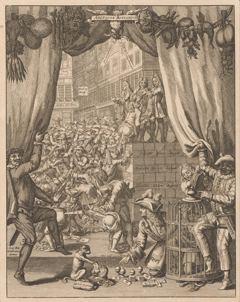 A tányér magyarázata Harlequin Actionist, 1720 Arlequyn Actionist (cím a tárgyon) A Tytelplaat magyarázata az Arlequyn Actionist számára (cím az objektumon) A bolondság nagy jelenete (sorozat címe) alkotó: Anonymous