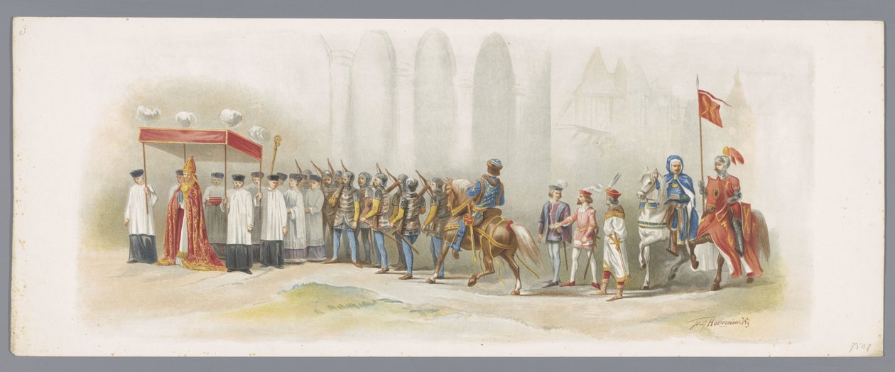 1876-os utrechti maszkabál (harmadik tábla) évi XLVIII. Az Utrechti Gimnázium Lustrumja. Merész Károly herceg belépése Zutfenbe, IV Augustus MCCCCLXXIII. Heeren Studenten jelmezes felvonulása, Utrechtben 1876. június 27-én (sorozat címe alkotó: Anonymous