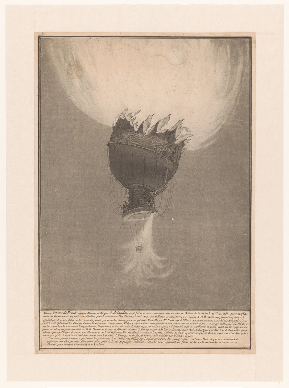 Verongelukken van de luchtballon van Pilatre de Rozier en Romain boven Boulogne, 1785. június 15. A Pilatre de Rosier és Romain által lerombolt mennybemenetel a Château de la Muette-ben 1783. november 21-én, miután 1784-ben jelentős pénzeszközöket kapott a alkotó: Anonymous