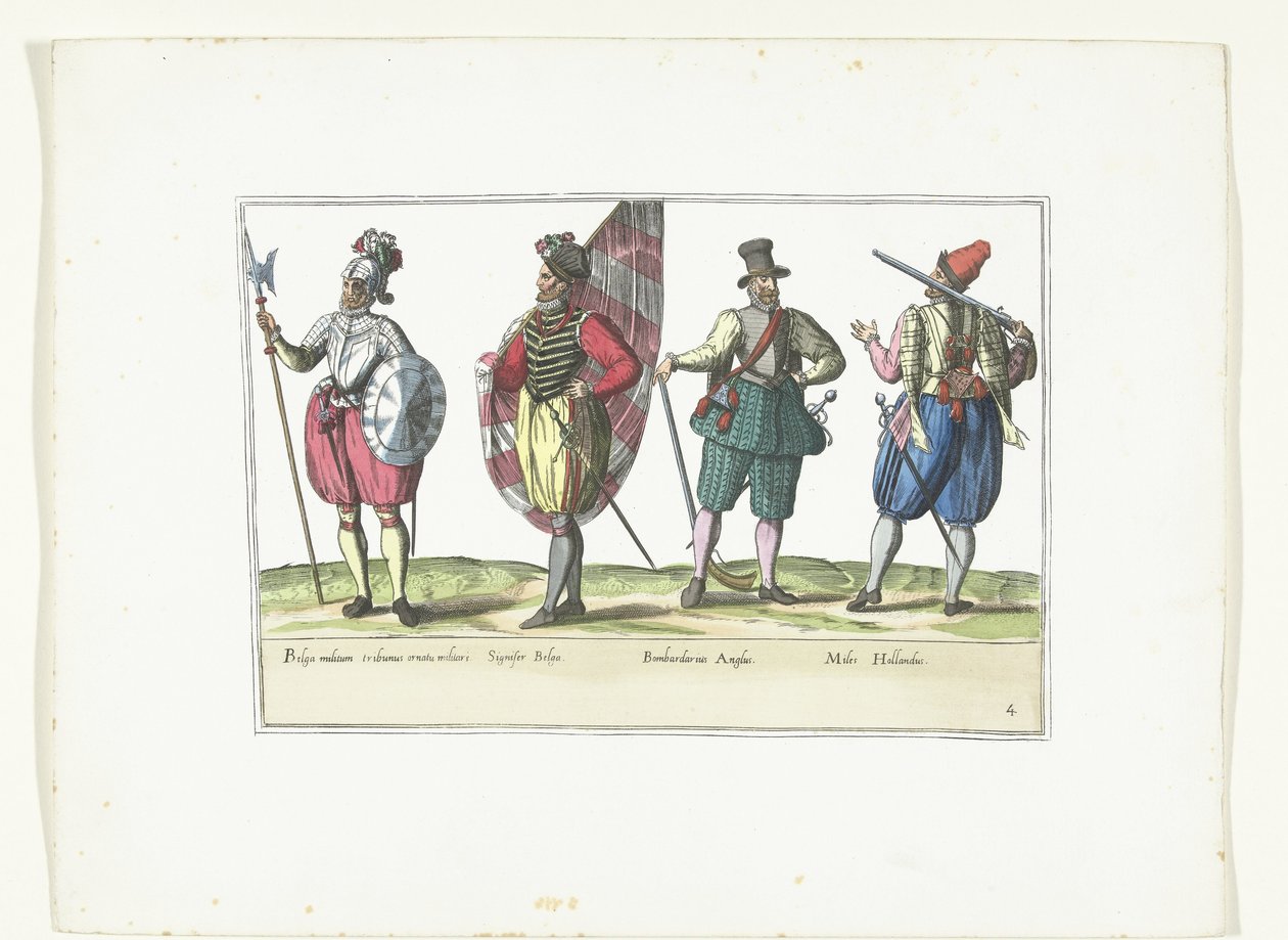 Négy katona egyenruhában a hollandiai és angliai divat szerint, 1580 körül Katonai des Pays-Bas jelmezek (cím a tárgyon) alkotó: Anonymous