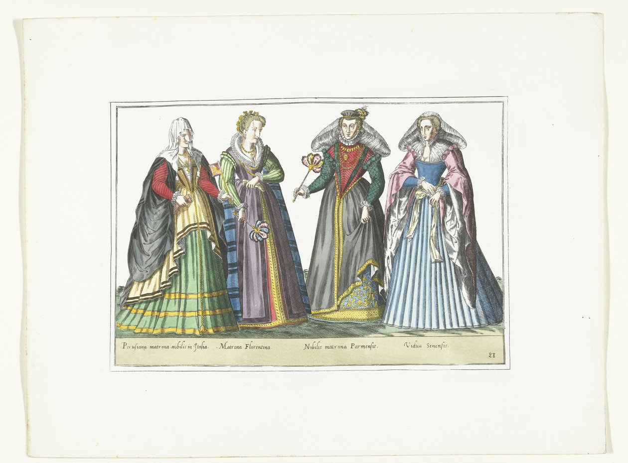 Négy olasz divatba öltözött nő, 1580 körül Costumes Italiens (cím a tárgyon) alkotó: Anonymous