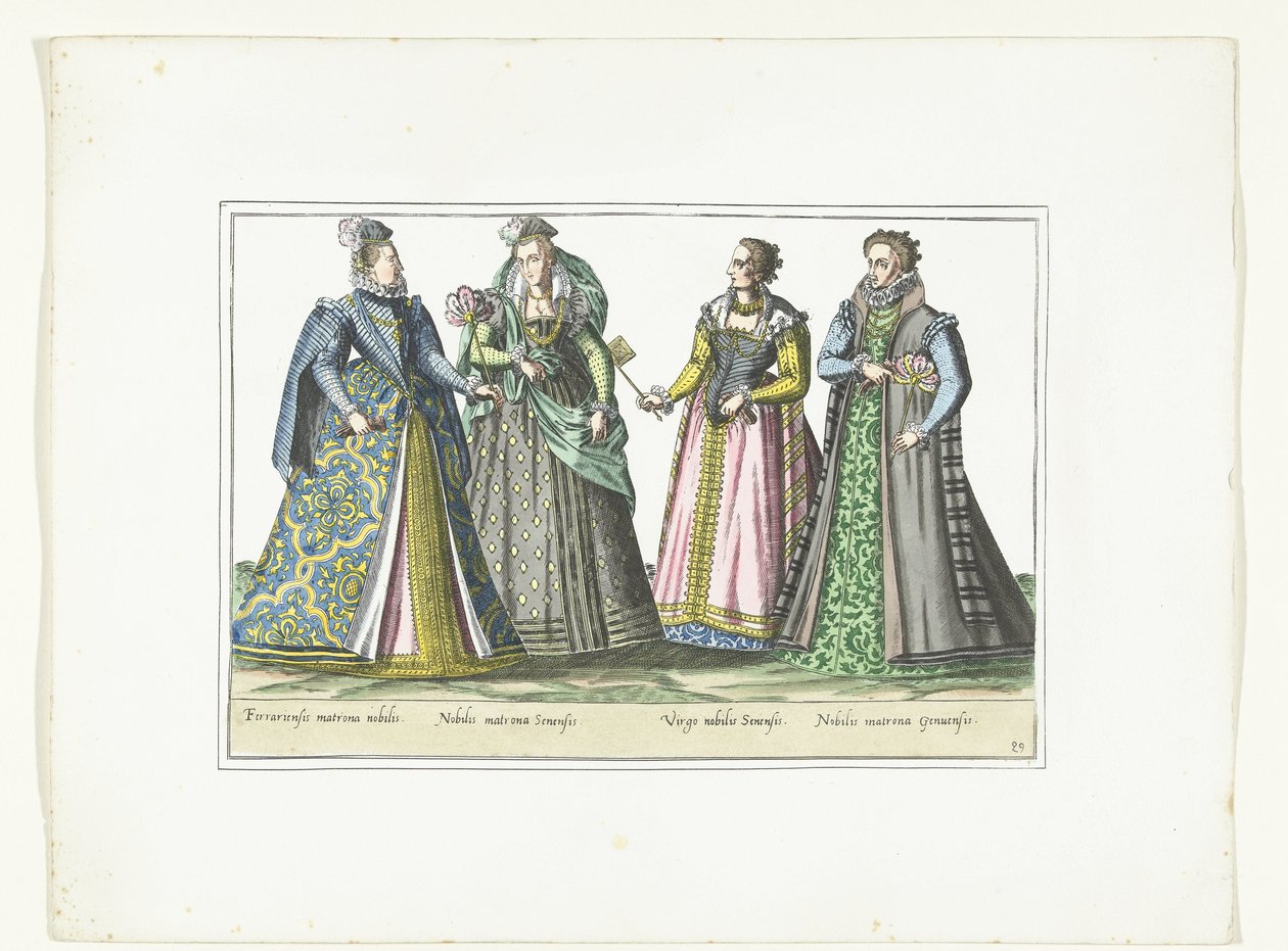 Négy olasz divatba öltözött nő, 1580 körül Costumes Italiens (cím a tárgyon) alkotó: Anonymous