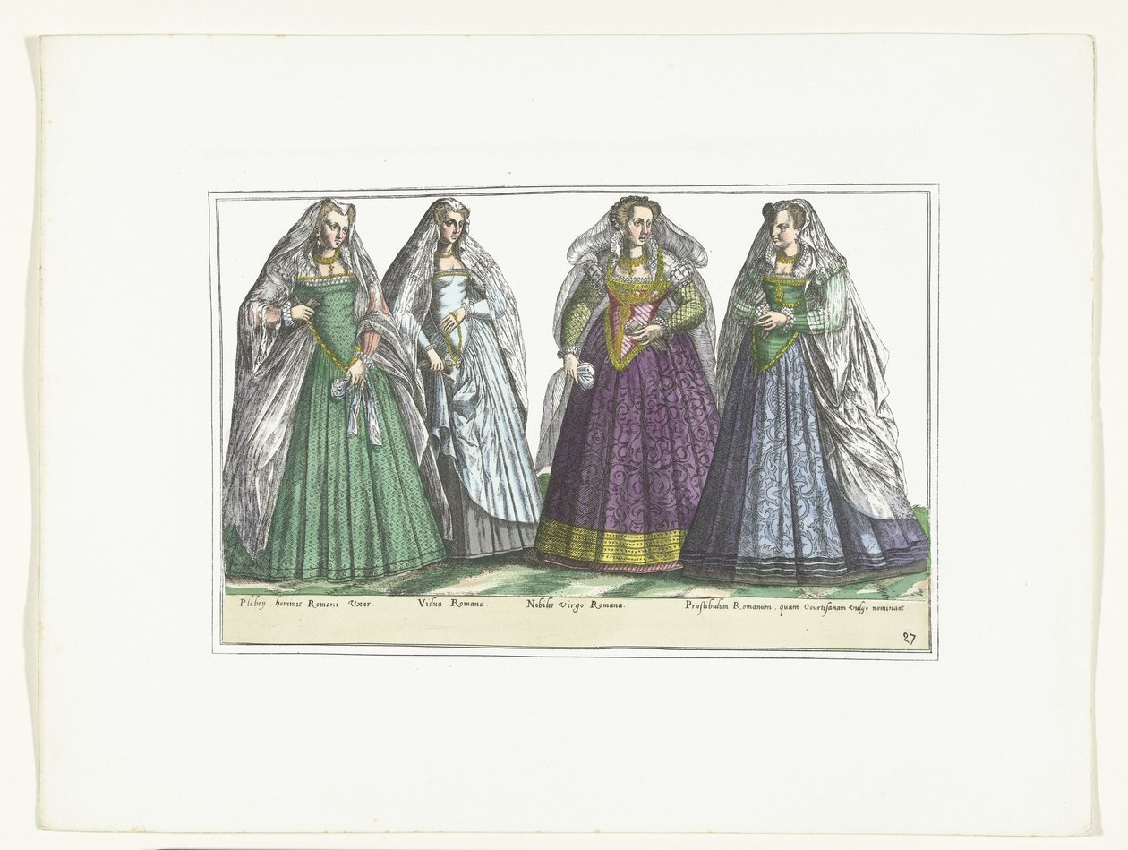 Négy római divatba öltözött nő, 1580 körül Costumes Italiens (cím a tárgyon) alkotó: Anonymous