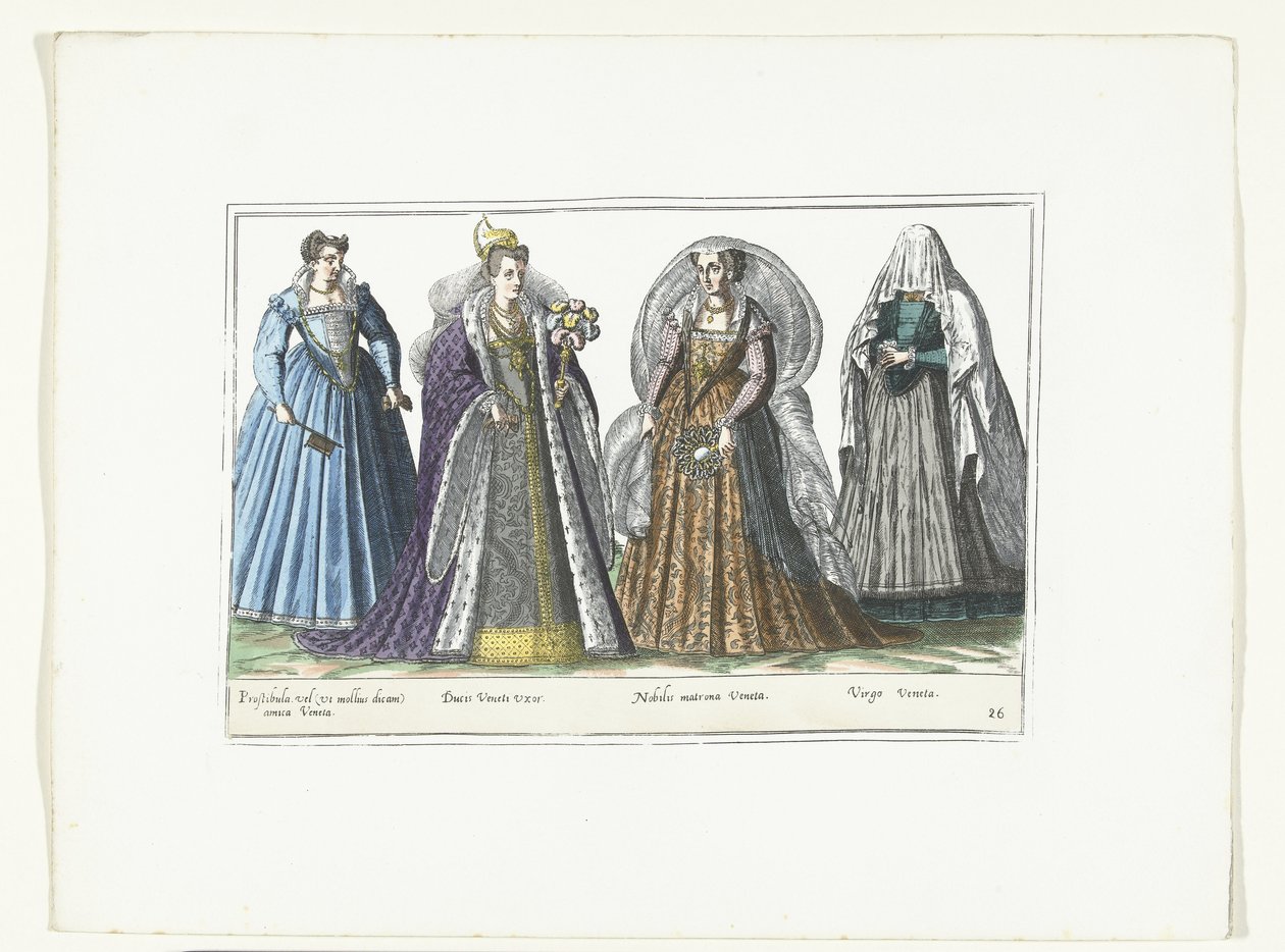 Négy velencei divatba öltözött nő, 1580 körül Costumes Italiens (cím a tárgyon) alkotó: Anonymous