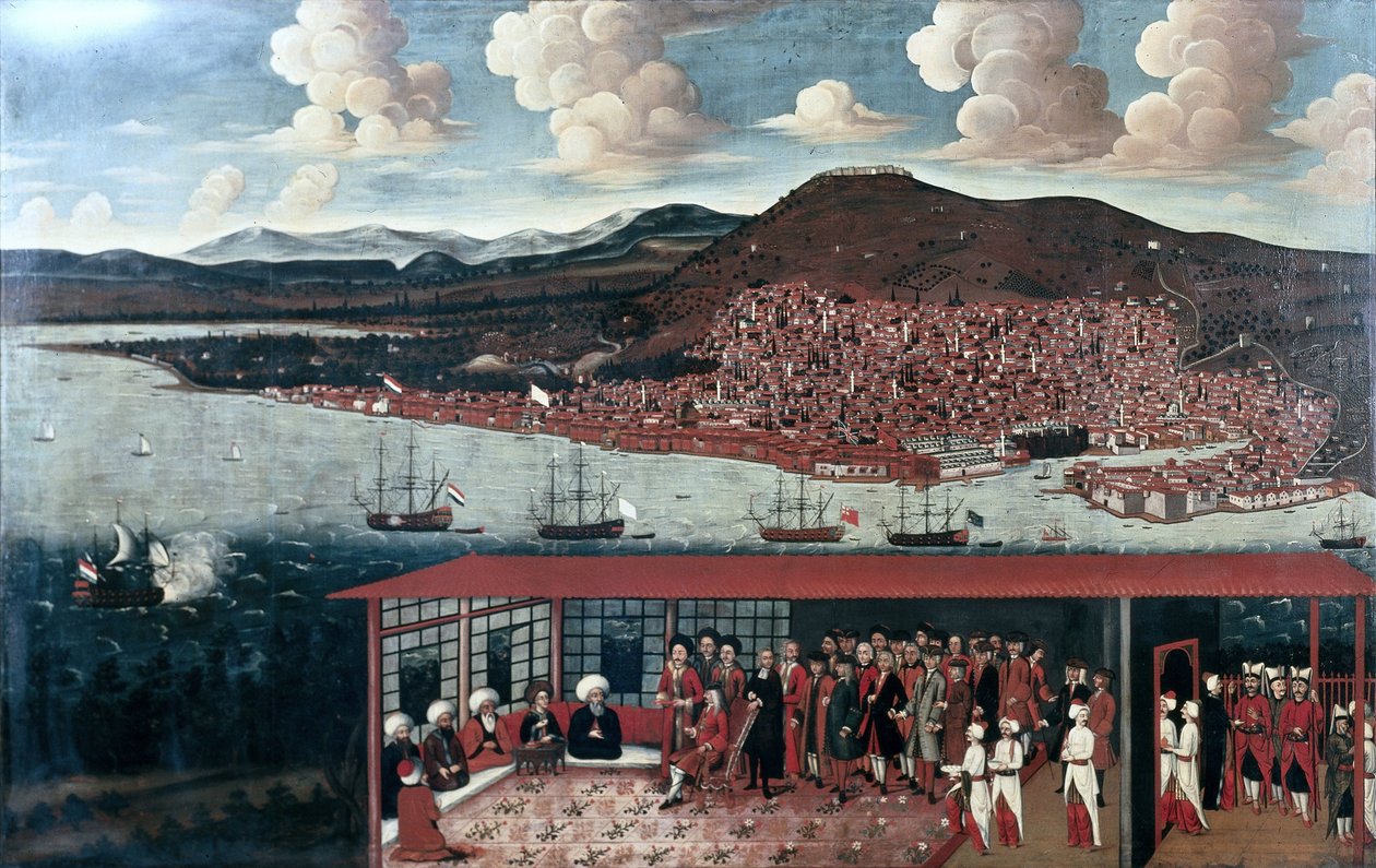 Kilátás Smirnára (Izmir) és Hochepied konzul (1657-1723) fogadására a Tanácsteremben alkotó: Anonymous