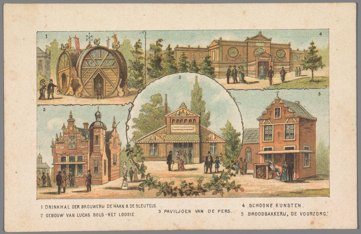 Öt pavilon az amszterdami világkiállításon, 1883 1 A De Haan & De Sleutels sörfőzde ivóterme. 2 Lucas Bols épülete - Het Loosie. 3 Sajtópavilon. 4 Képzőművészet. 5 De Voorzorg kenyérpékség. (cím a tárgyon) Emlékeztető aa alkotó: Anonymous