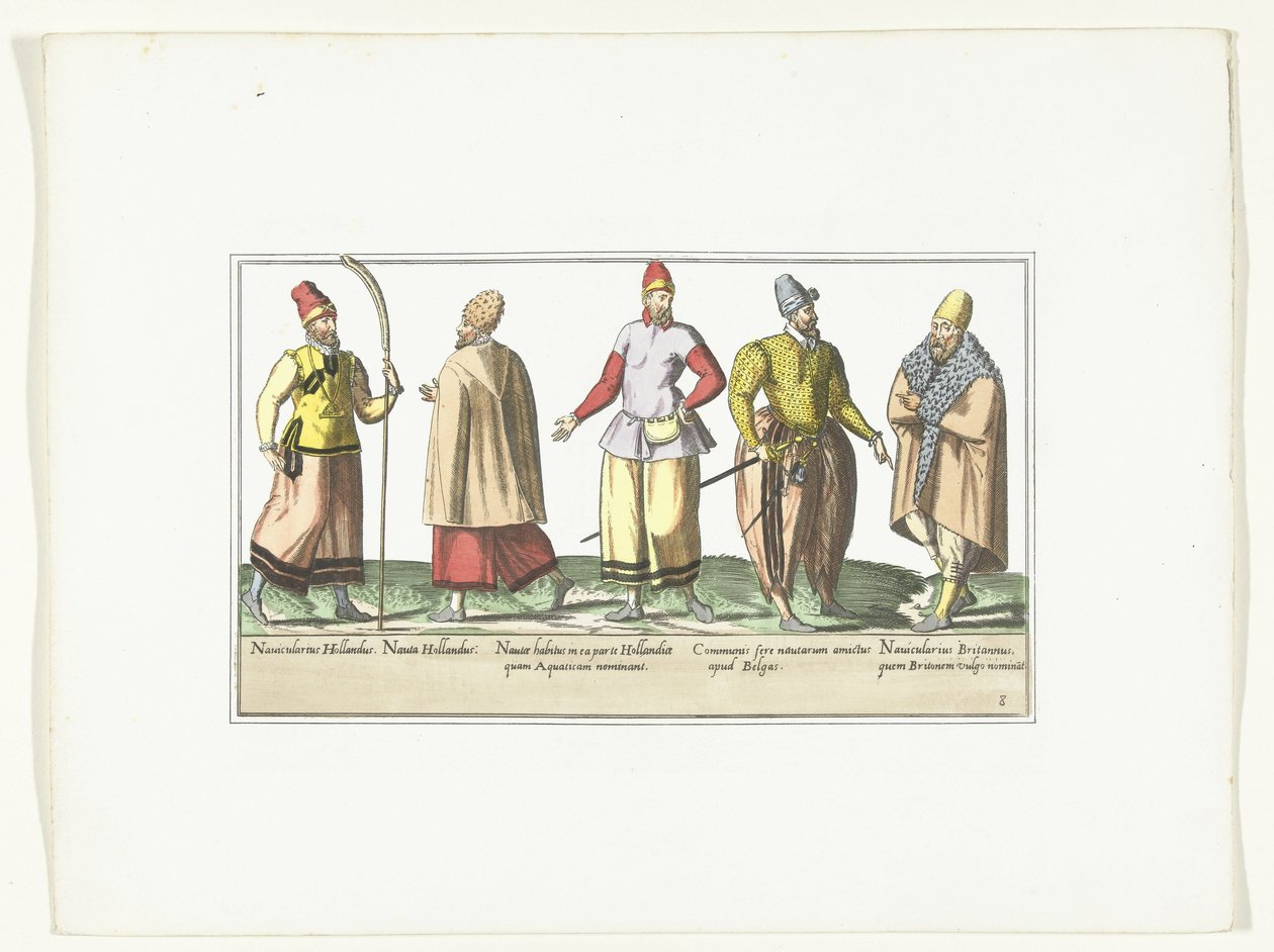 Öt hollandiai és bretagne-i divat szerint öltözött tengerész, 1580 körül Maris jelmezek (cím a tárgyon) alkotó: Anonymous