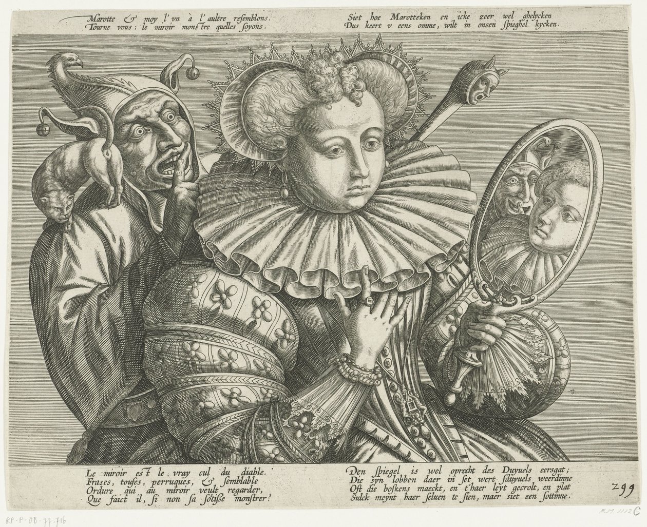 Nő tükörrel és bolonddal: rajzfilm az értékes merev fodron, kb. 1600 alkotó: Anonymous