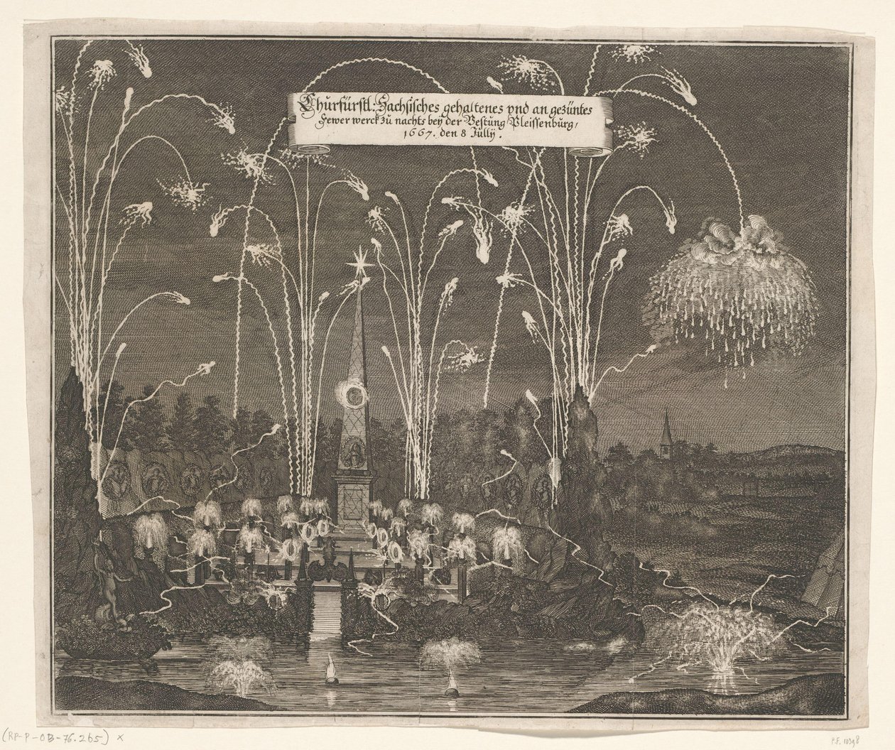 Tűzijáték Pleißenburg mellett, 1667. július 8 Churfürstl: Sachsisches gehaltenes und an gezentes Kevesebb werck zu nachts beij az erőd Pleissenburg, 1667. július 8. (cím a tárgyon) alkotó: Anonymous