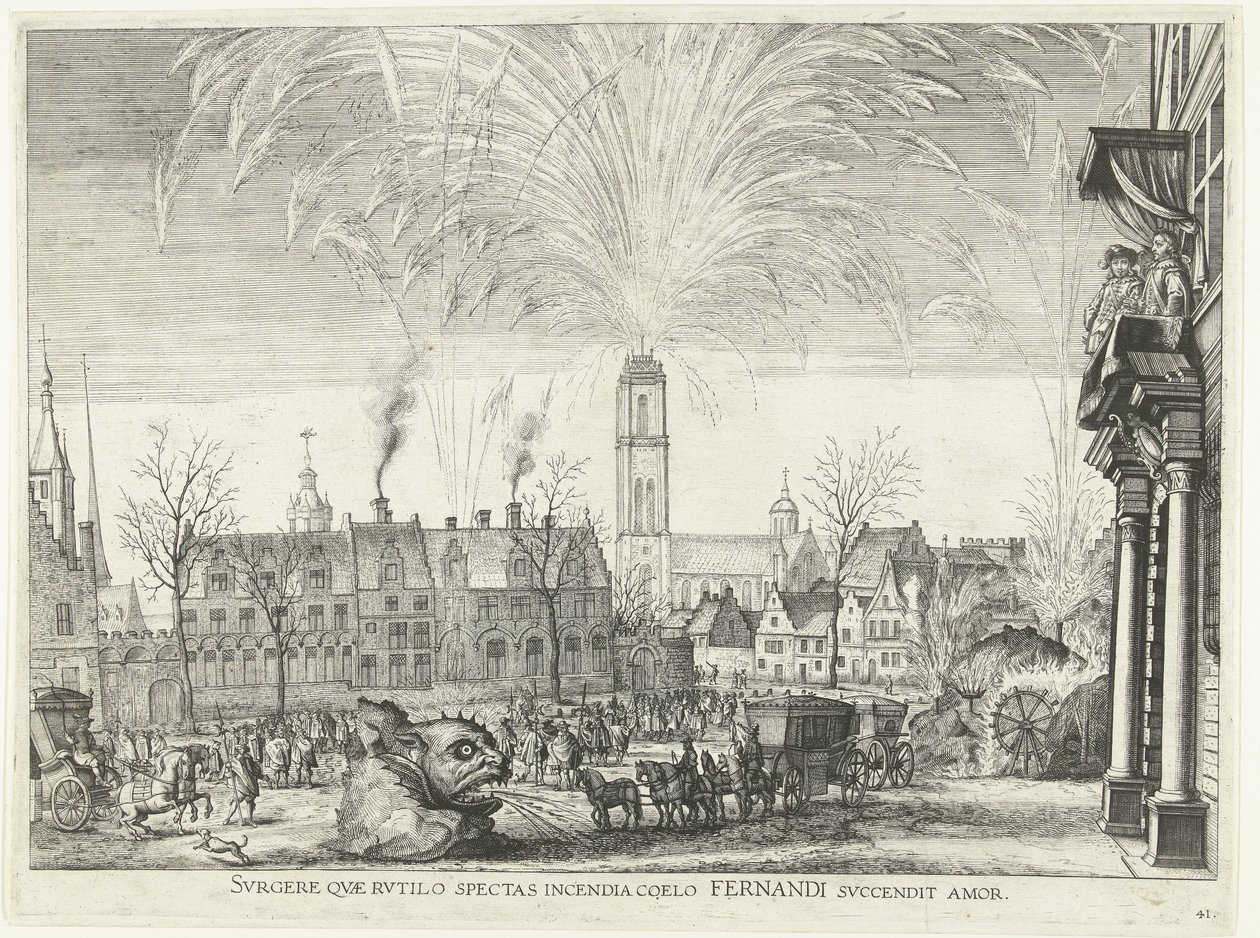 Vuurwerk; intocht van Ferdinand te Gent 1635-ben (41. sz.) Kelj fel, amit nézel az égen égő tüzet, Fernandi szerelme fellobban (cím a tárgyon) Egy kép az éjszakai tüzekről a Hippodromban és a toronyban alkotó: Anonymous