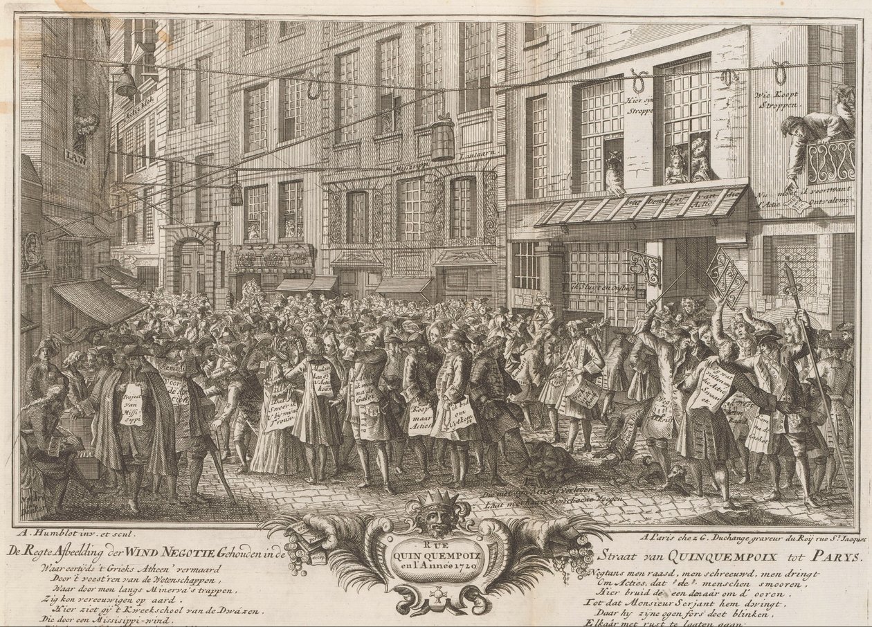 Szélkereskedelem a Rue Quinquempoix-ban, 1720 De Regte A Quinquempoix-i szorosban tartott Wind Negotie képe Parys felé (cím az objektumon) A bolondság nagy jelenete (sorozat címe) alkotó: Anonymous