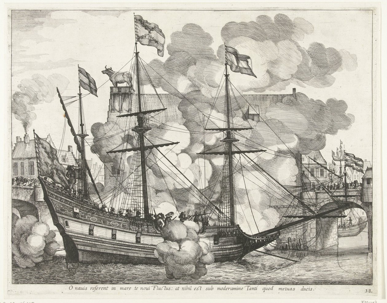 Zeilschip, naar rechts; intocht van Ferdinand te Gent 1635-ben (38. sz.) Ó hajó, új hullámok visznek a tengerbe: de nincs semmi annak az irányítása alatt, akit félsz vezetni (cím a tárgyon) Más tengerészek diadalmas hajója alkotó: Anonymous