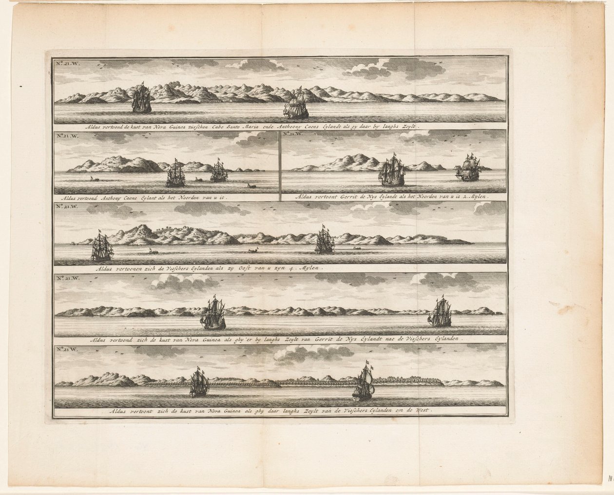 Hat kilátás a szigetekre Így mutatja meg Nova Guinea partvidékét Cabo Santo Maria és Anthony Caens Eylandt között, ahogy ott langhs Zeylt / Így mutatja Anthony Caens Eylant, mint az észak a tiéd / így Gerrit de Nys mutatja Eylandt az É-i alkotó: Anonymous
