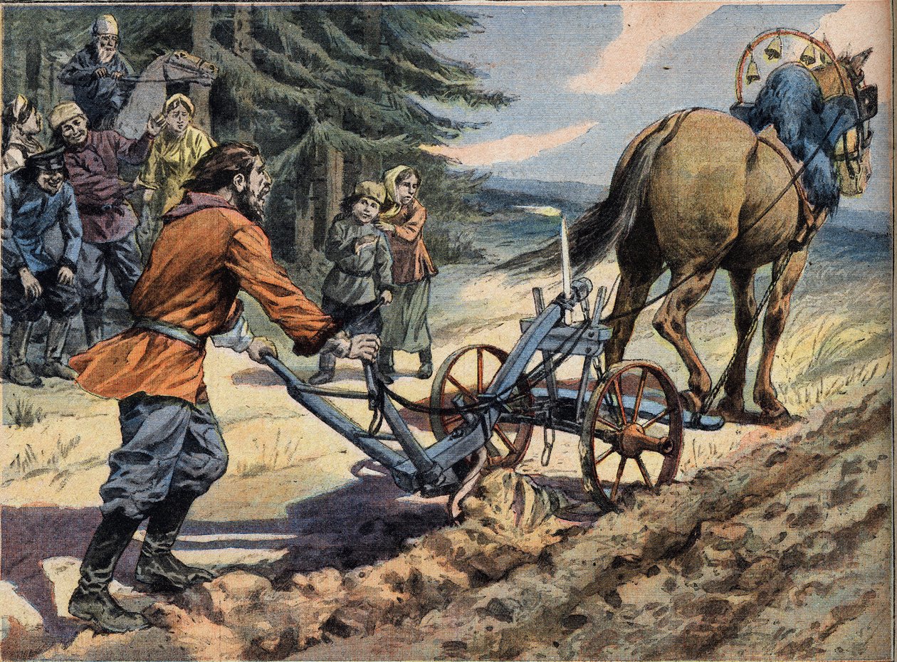 Egy orosz paraszt, aki egy ekével szántja a mezőt, amelyre gyertyát helyeznek. Conte de Easter Metszet a „” Le Petro Parisien” újságból”, 1908.04.19. Magángyűjtemény. alkotó: Anonymous Anonymous