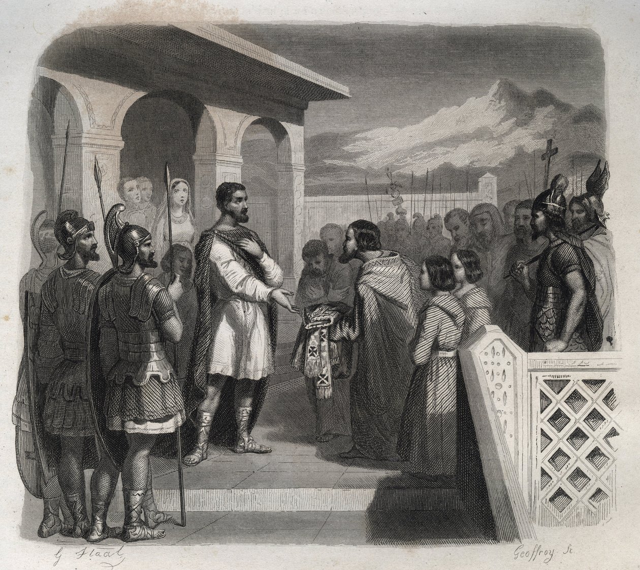 Clermont város küldöttsége Szent Sidoine Apollinar (Caius Sollius Apollinaris Sidonius) politikusnak, eveque-nek és gall-római írónak (430-486) ajánlja fel a püspökséget. Metszet 1846-ból a „Szentek élete” c. Magángyűjtemény. alkotó: Anonymous Anonymous