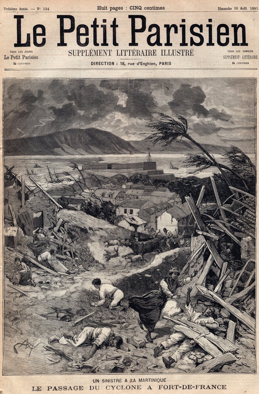 Katasztrófa Martinique-on: a ciklon átvonulása Fort-de-France-ban (Fort de France) 1891-ben. Metszet a „” Le petit Parisien”-ben 1891. augusztusból. Magángyűjtemény. alkotó: Anonymous Anonymous