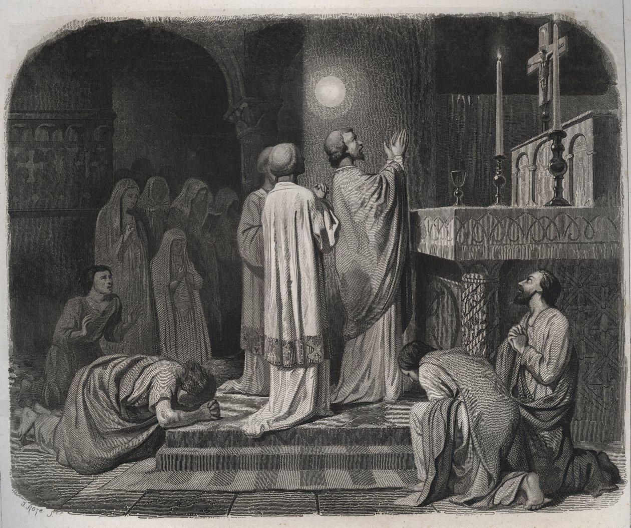 Tűzgömb jelenik meg SAINT MARTIN eveque de Tours (316-397) felett, miközben dolgozik. Metszet 1846-ból a „Szentek élete” c. Magángyűjtemény. alkotó: Anonymous Anonymous