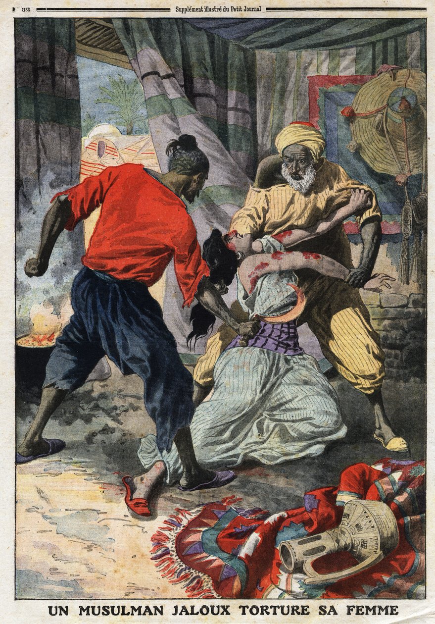 Egy féltékeny muszlim megkínozza feleségét: egy nőt megvertek az algériai Konstantin megyében. Metszet a „Le Petite Journal”-ban, 1912.01.28. Magángyűjtemény. alkotó: Anonymous Anonymous