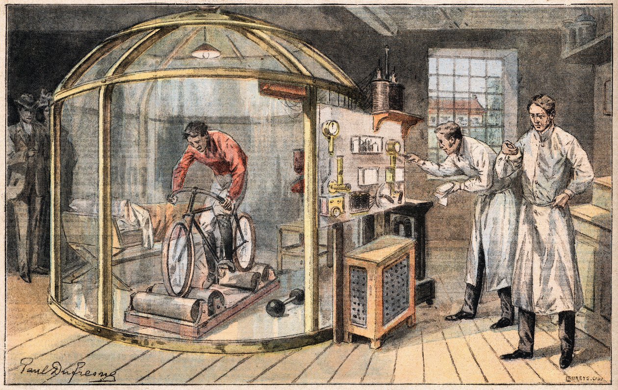 Ember a harangban: angol tudósok tapasztalata az emberi energia felhasználásáról. Metszet a „” Le Peute Parisien” újságból”, 1908.05.24. Magángyűjtemény. alkotó: Anonymous Anonymous